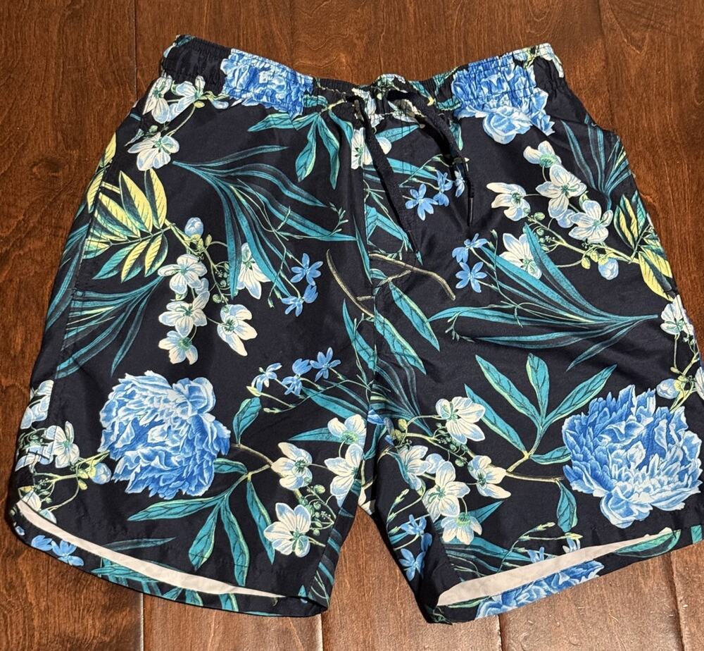 Old Navy Floral Tropical Drawstring Swim Trunks Black Blue Men's Size XS Coastal